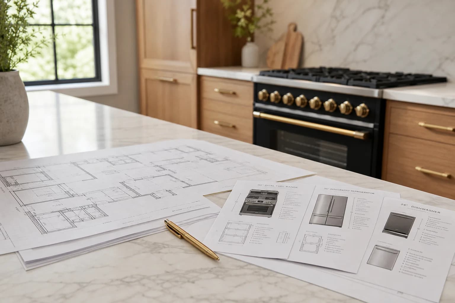 Kitchen floor plan and appliance spec sheets on a marble island in a daylit kitchen