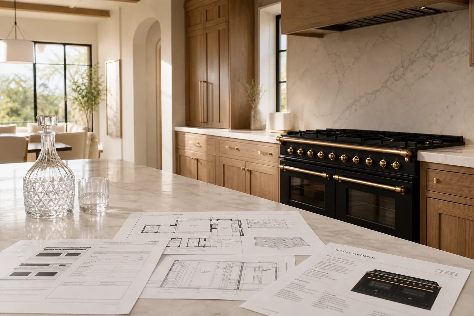 Kitchen floor plan and appliance specification sheets laid out on a marble island