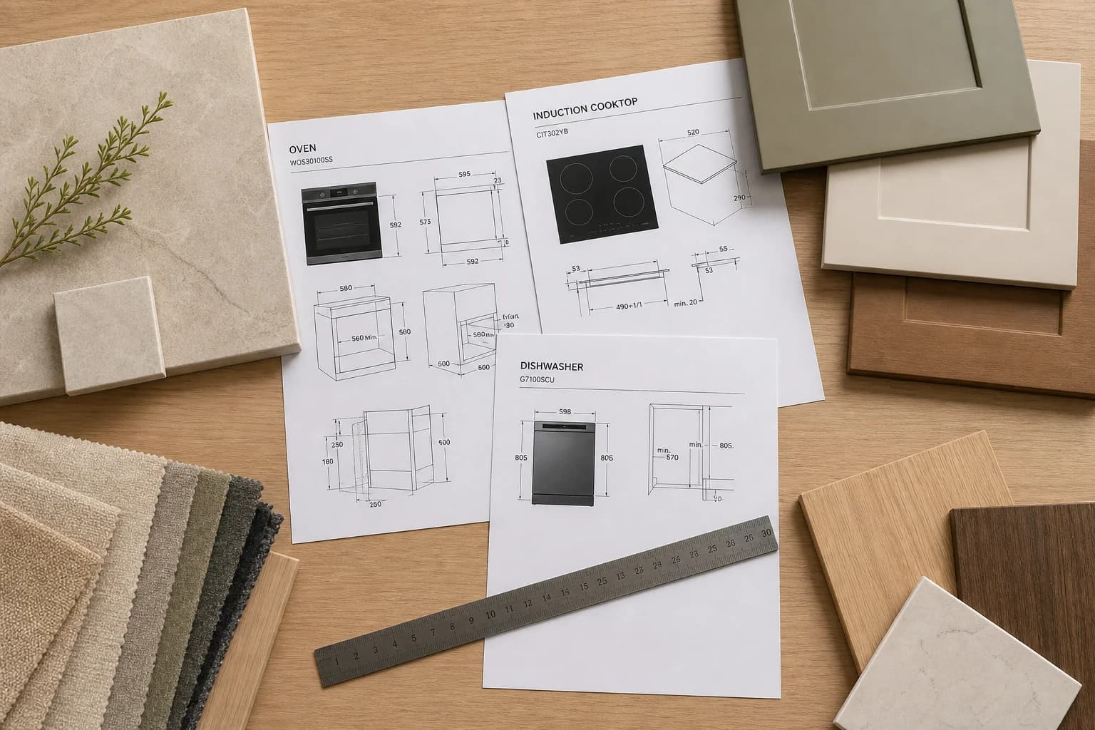Designer worktable with appliance specification sheets, oak and stone material samples