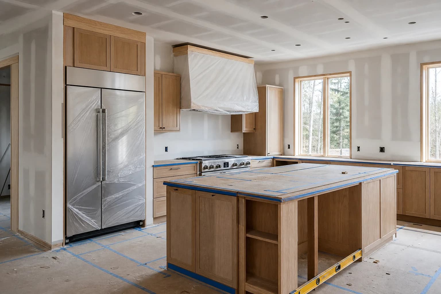 High-end kitchen mid-construction with appliances still wrapped in protective film