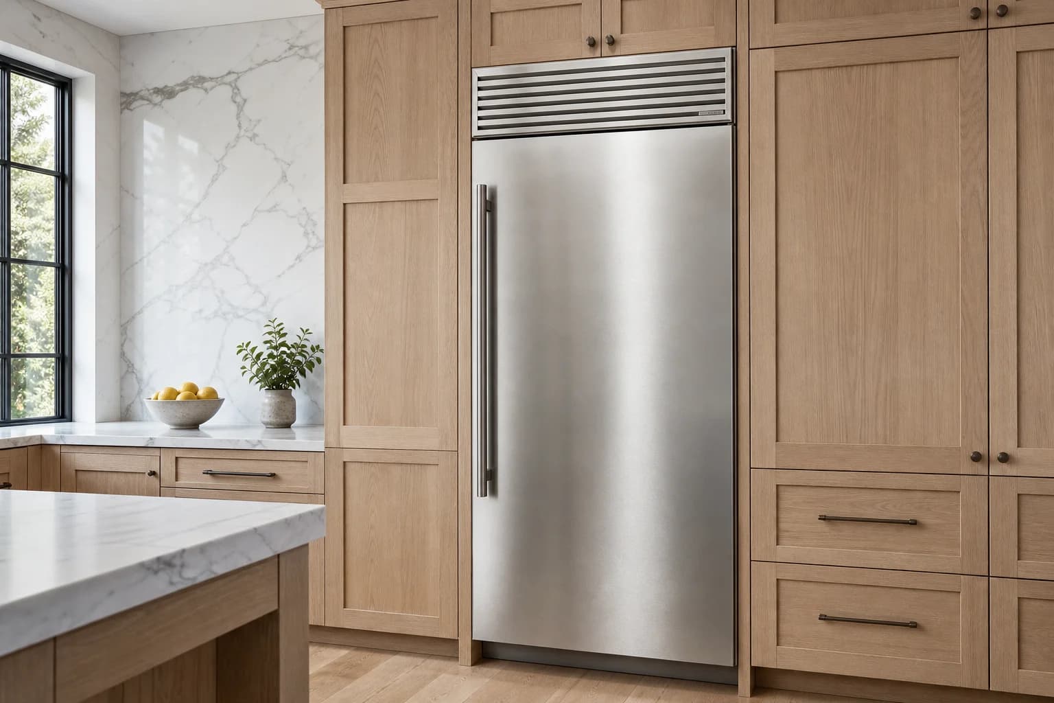Stainless steel built-in refrigerator with louvered top grille in a warm oak kitchen